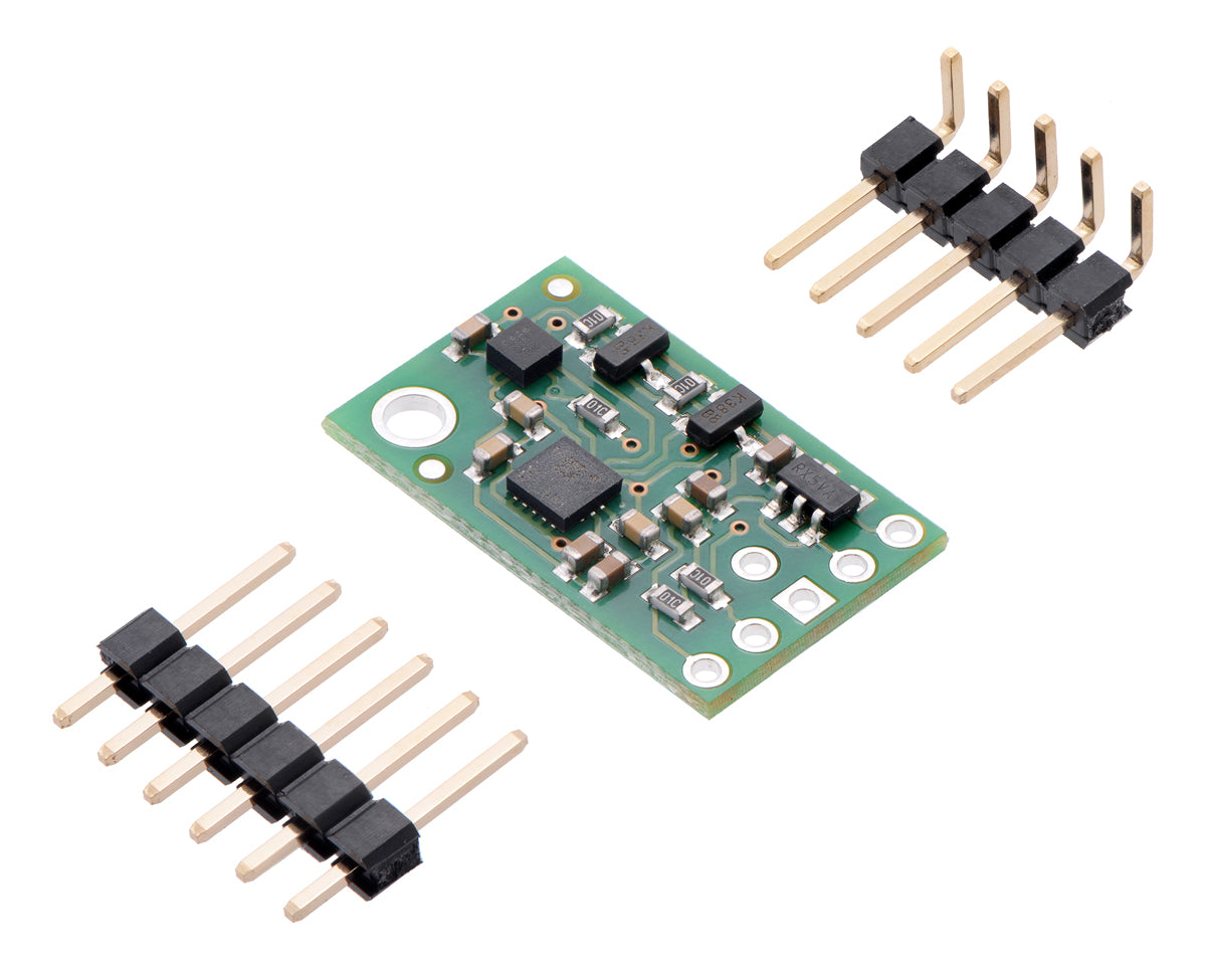 Pololu MinIMU-9 v5 gyro, accelerometer, and compass, with included optional headers.