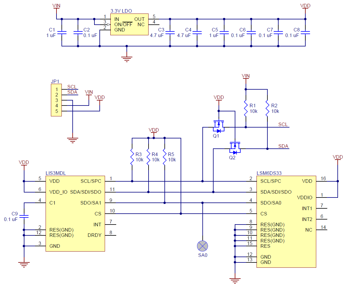 Schematic diagram of the MinIMU-9 v5 Gyro, Accelerometer, and Compass (LSM6DS33 and LIS3MDL Carrier).