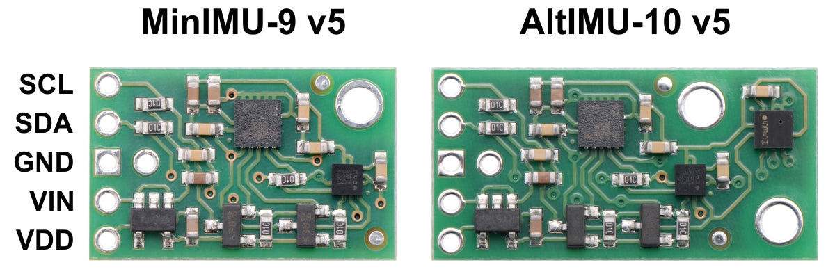 Side-by-side comparison of the MinIMU-9 v5 with the AltIMU-10 v5.