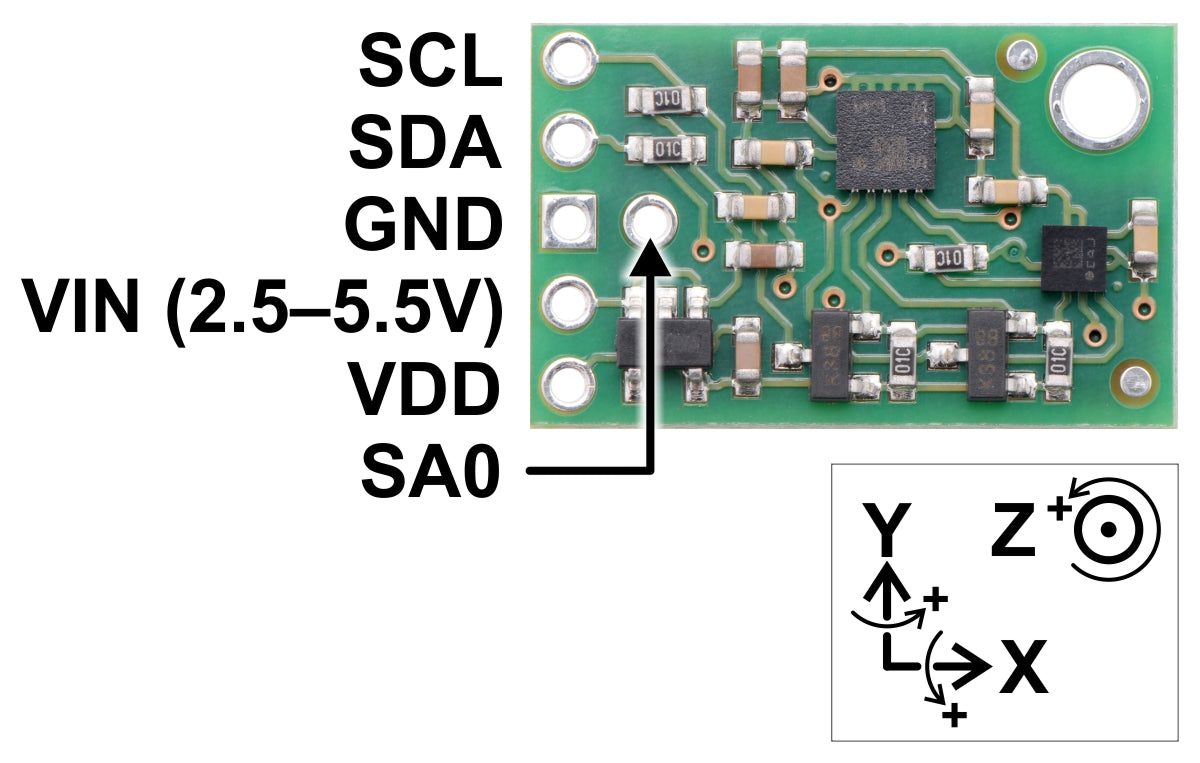 Pololu MinIMU-9 v5 gyro, accelerometer, and compass pinout.