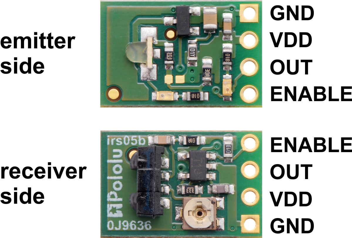 Pololu 38&nbsp;kHz IR proximity sensor receiver and emitter sides with labeled pinout.