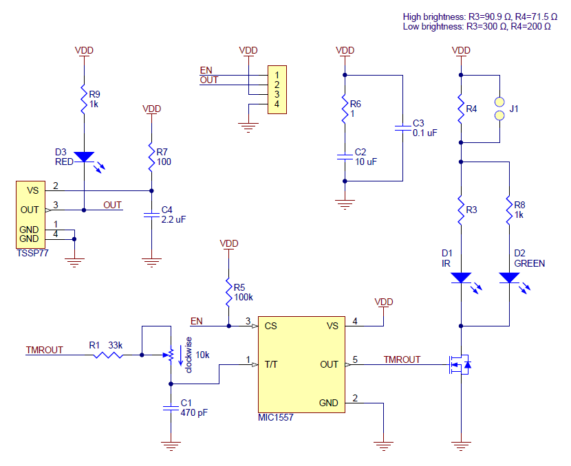 Schematic diagram for the Pololu 38&nbsp;kHz IR proximity sensor.