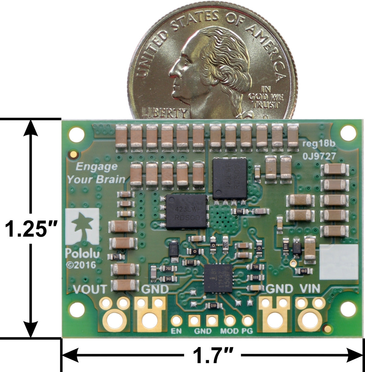 Pololu Step-Down Voltage Regulator D24V150Fx, bottom view with dimensions.