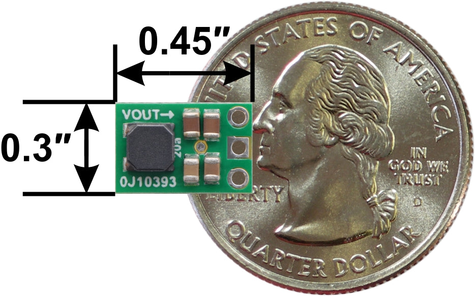 Pololu 5V Step-Up/Step-Down Voltage Regulator S9V11F5 next to a US quarter dollar for size reference.