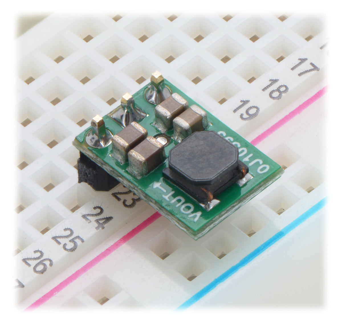 Pololu 5V Step-Up/Step-Down Voltage Regulator S9V11F5 in a solderless breadboard.