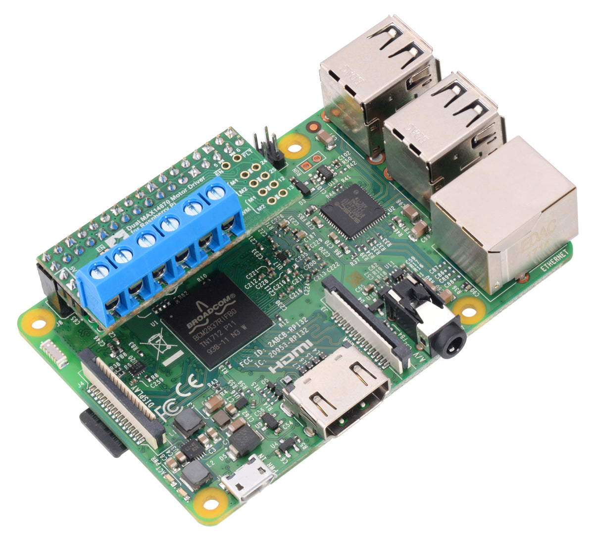 Dual MAX14870 Motor Driver for Raspberry Pi (assembled) on a Raspberry Pi 3 Model B.