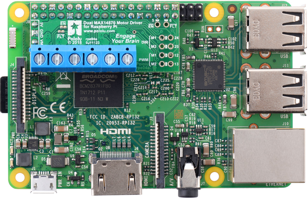 Dual MAX14870 Motor Driver for Raspberry Pi (assembled) on a Raspberry Pi 3 Model B.