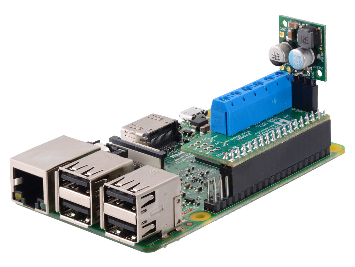 "D24V22F5 5V 2.5A step-down voltage regulator":prod0J2858 plugged into a Dual MAX14870 Motor Driver for Raspberry Pi (temporary connection).