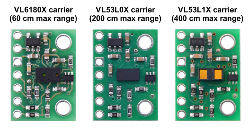 Side-by-side comparison of the VL6180X, VL53L0X, and VL53L1X Time-of-Flight Distance Sensor Carriers.