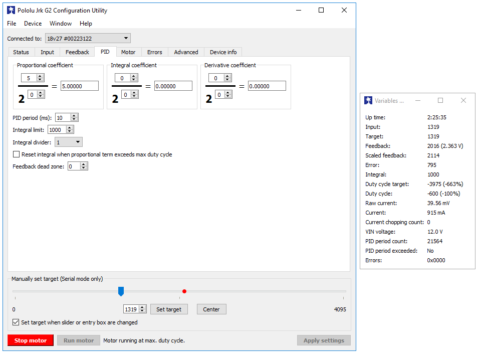 The main window and the variables window in the Jrk G2 Configuration Utility (version 1.2.0).