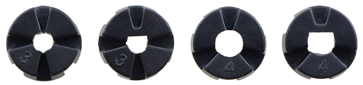 Pololu Multi-Hub Wheel collet inserts: 3mm&nbsp;round, 3mm&nbsp;D, 4mm&nbsp;round, and 4mm&nbsp;D.