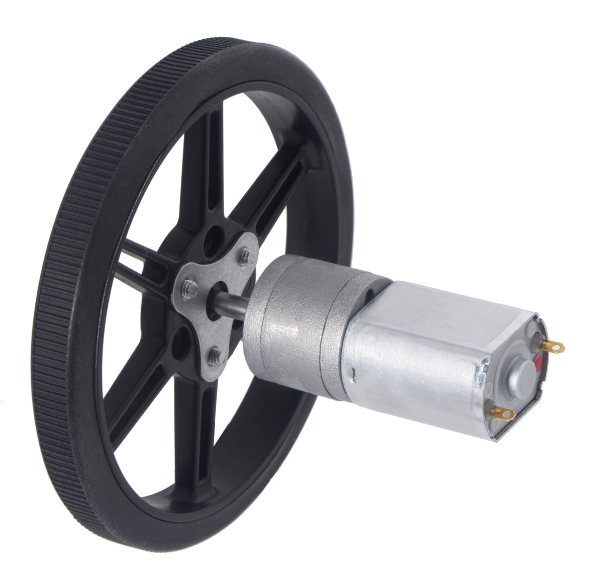 80×10mm Pololu Multi-Hub Wheel installed on the 4mm&nbsp;D-shaft of a 20D metal gearmotor.