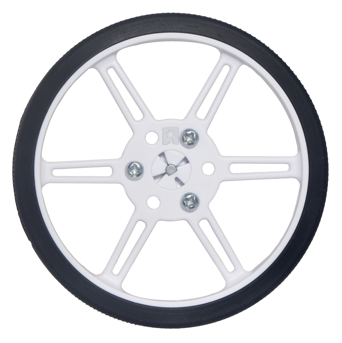 White 80×10mm Pololu Multi-Hub Wheel installed on a 3mm&nbsp;D-shaft.