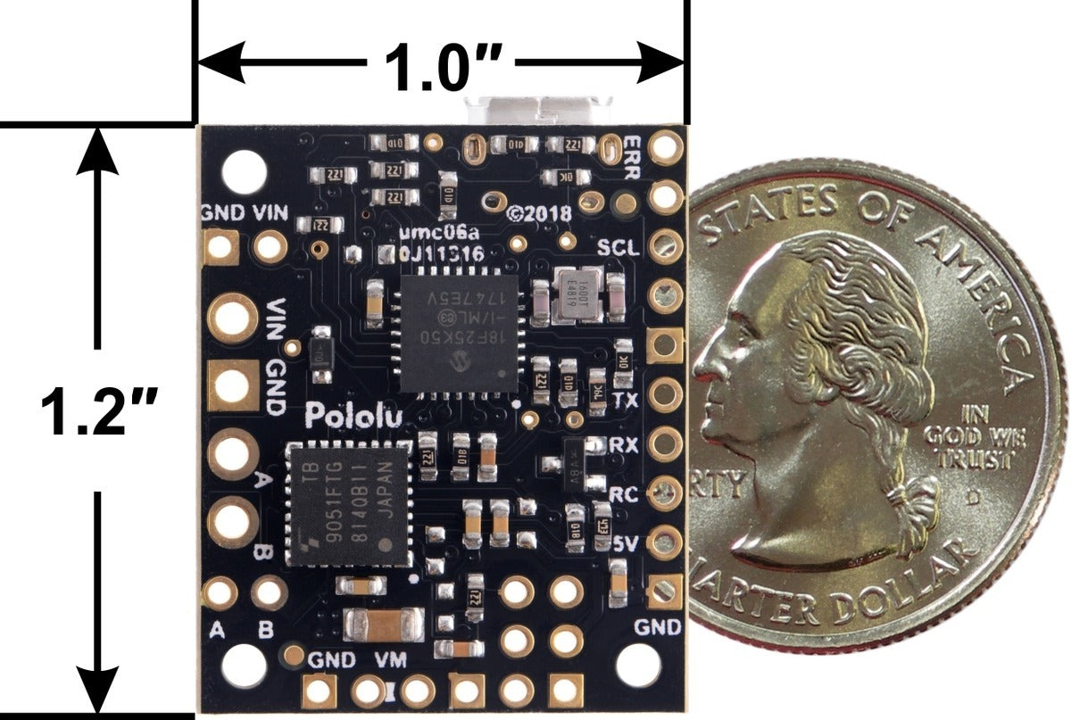 Jrk G2 21v3 USB Motor Controller with Feedback, bottom view with dimensions.