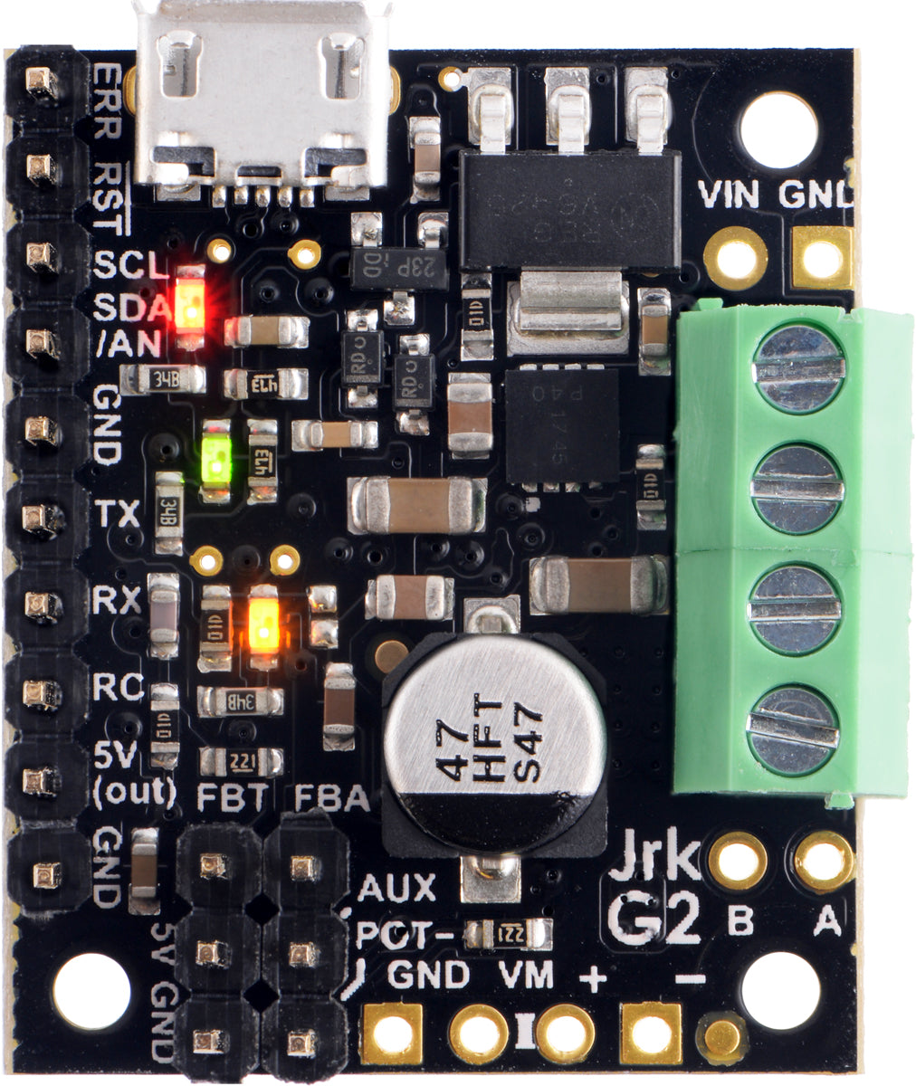 Jrk G2 21v3 USB Motor Controller with Feedback (Connectors Soldered), top view.