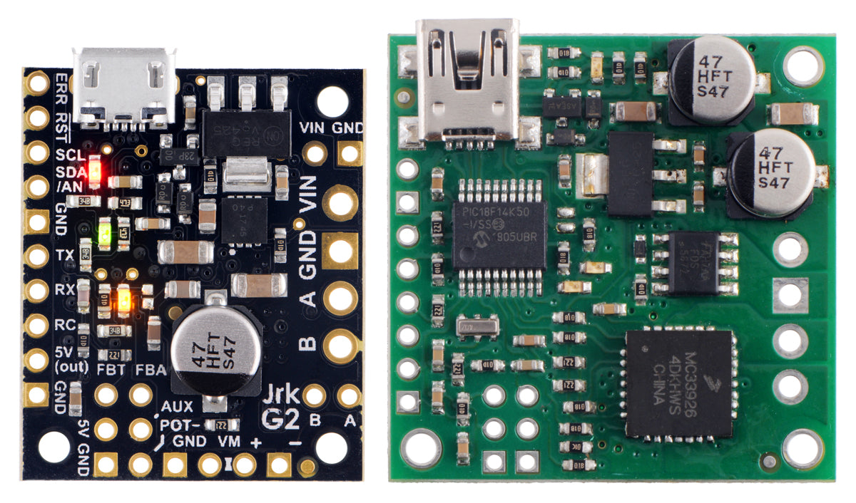 Comparison of the newer Jrk G2 21v3 (black PCB) with the original Jrk 21v3 (green PCB).