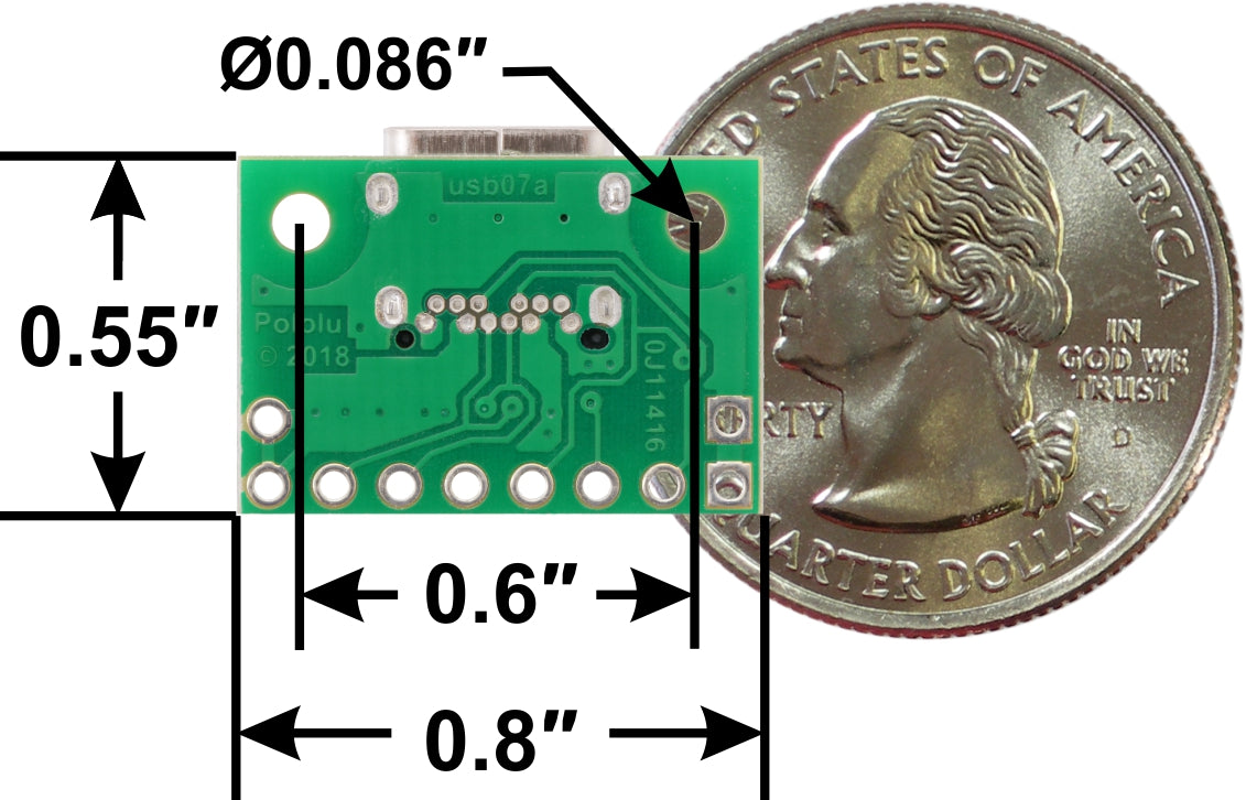 USB 2.0 Type-C Connector Breakout Board, bottom view with dimensions.