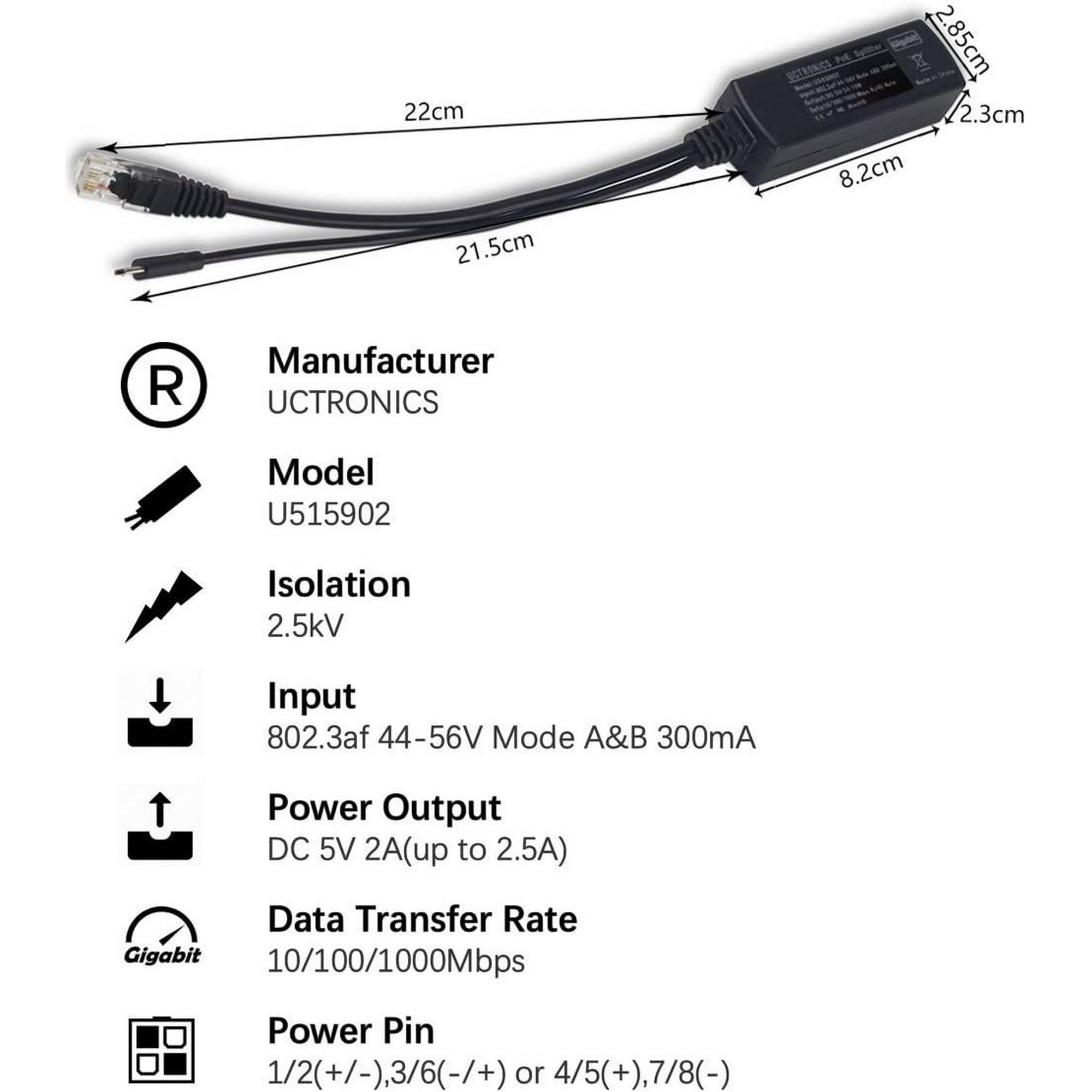 UCTRONICS PoE Splitter Gigabit 5V - Micro USB Power and Ethernet to Raspberry Pi 3B+, Work with Echo Dot, most Micro USB Security Cameras and Tablets - IEEE 802.3af Compliant U515902