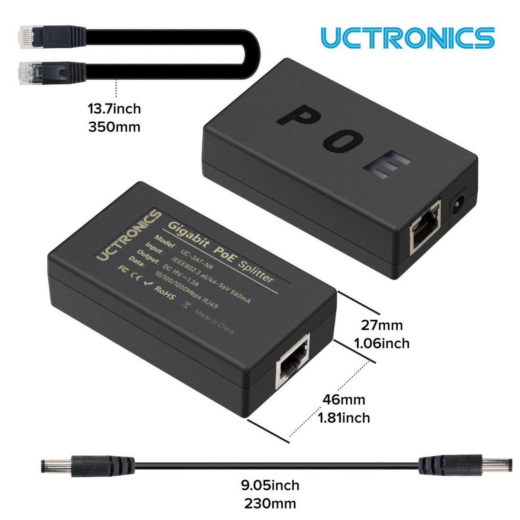 UCTRONICS PoE Splitter 19V 1.3A for Jetson Xavier NX, Active PoE+ RJ45 to 5.5×2.5mm Barrel Jack, IEEE 802.3at/af Compliant U6127